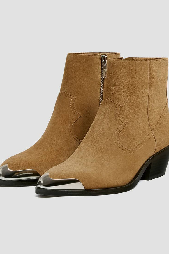 Leather Cowboy Ankle Boots With Metal Plate