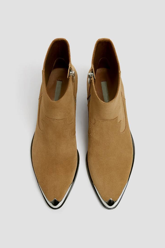 Leather Cowboy Ankle Boots With Metal Plate